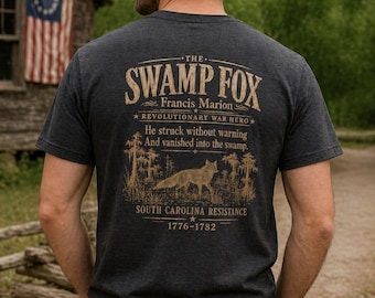 Fox Swamp Francis Marion Revolutionary Short, American History Tee, Patriotic Graphic Shirt, Archival Print Back Design, Heritage Gift