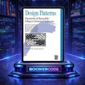 Könnte beinhalten: Ein digitales Tablet mit dem Buch "Design Patterns: Elements of Reusable Object-Oriented Software" von Erich Gamma, Richard Helm, Ralph Johnson und John Vlissides. Das Tablet steht auf einer leuchtenden Plattform mit dem Text "BOOKERCODE".