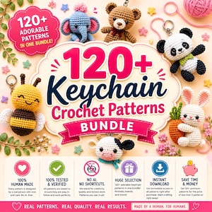May include: A promotional image for a crochet pattern bundle. The image features several crocheted keychain animals, including a bee, elephant, bear, panda, rabbit, and cow. Text on the image reads "120+ Keychain Crochet Patterns Bundle."