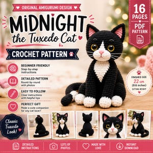 Häkelanleitung für eine Tuxedo-Katze (PDF), Amigurumi-Katzen-Häkelanleitung, Plüschtier-Anleitung für schwarz-weiße Kätzchen, Spielzeug für Fortgeschrittene, digitaler Download