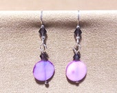Shell Crystal Earrings, Lavender Mother of Pearl Disc Dangle Earrings w Amethyst Swarovski Crystals Purple Shell Coin Bead Dangle Earrings