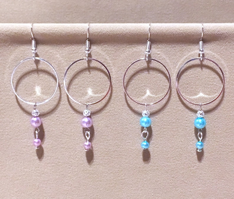 Bright Beaded Thin Silver Hoops Silver Hoop Earrings Silver Hoops wPearl Dangles Thin Medium Silver Hoops wColorful Glass Pearl Dangles