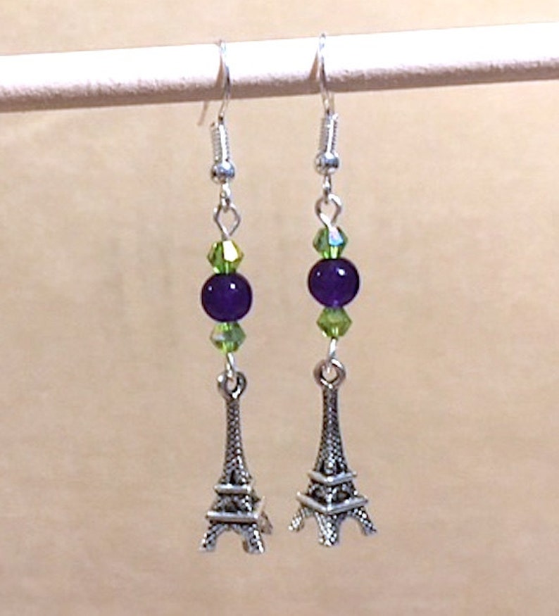 Handmade Beaded Jewelry Crystal Charm Earrings Paris Eiffel Tower Earrings Purple Bead /& Peridot Crystal 3D Eiffel Tower Charm Earring