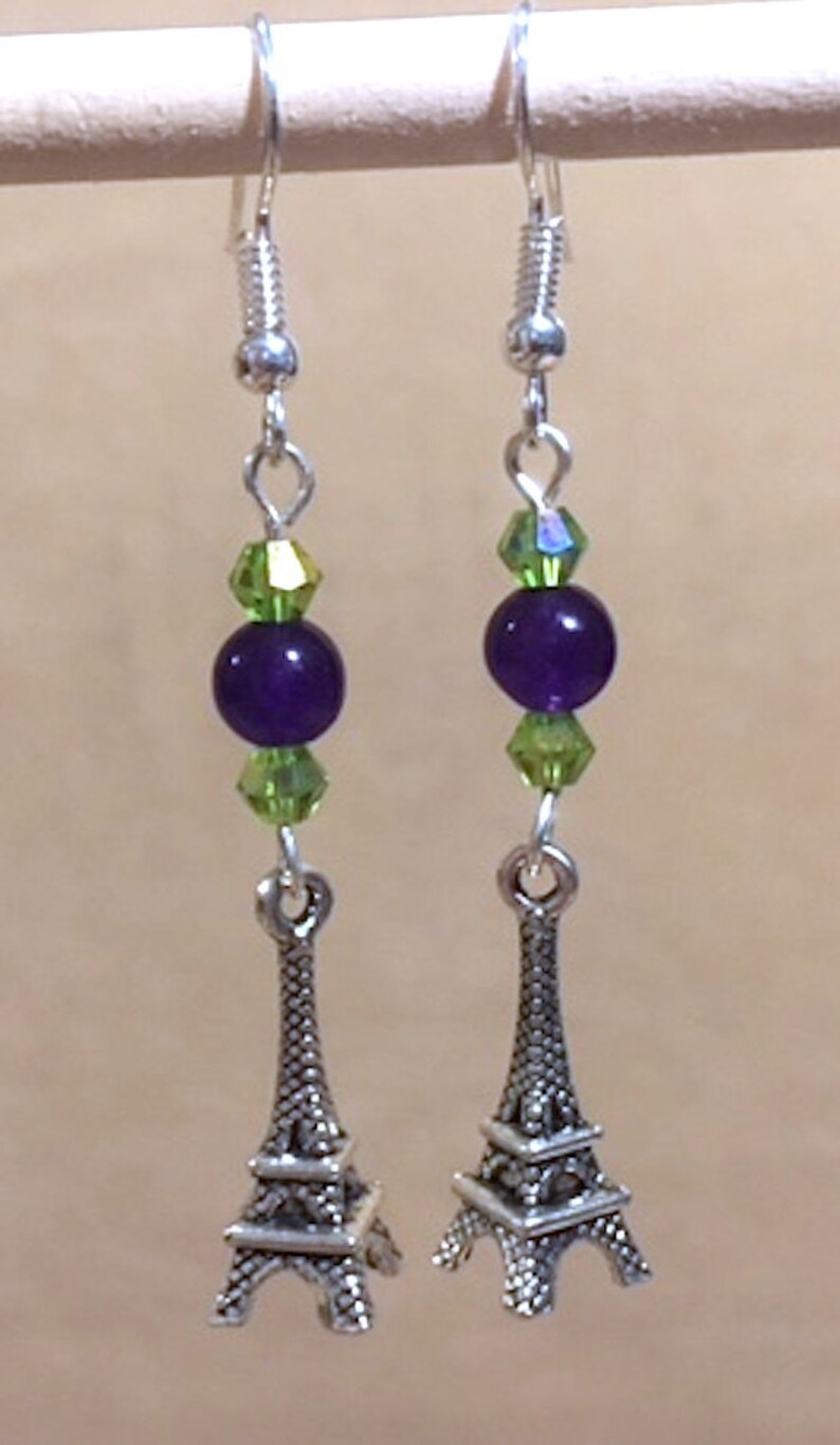 Handmade Beaded Jewelry Crystal Charm Earrings Paris Eiffel Tower Earrings Purple Bead /& Peridot Crystal 3D Eiffel Tower Charm Earring
