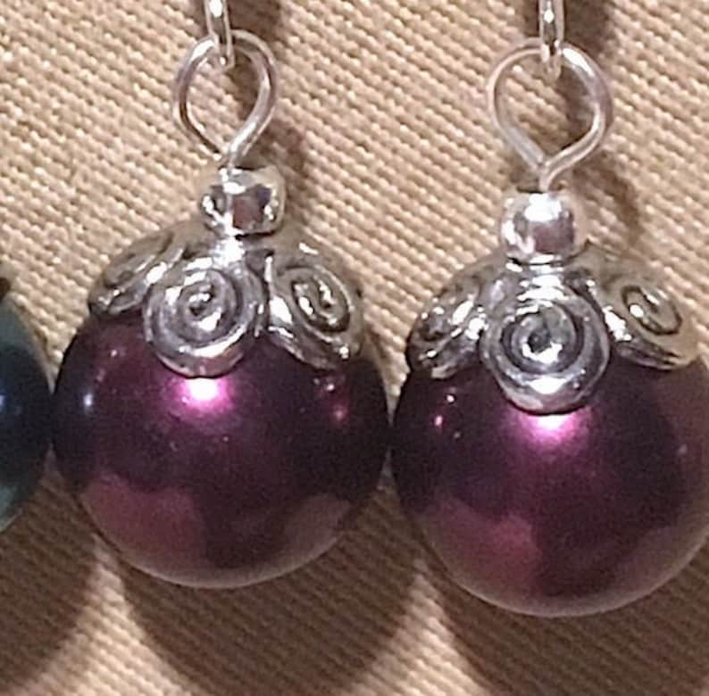 Large Glass Pearl Wedding Earrings wSilver Swirl Accents Handmade Original Colored Pearl Bridesmaid Earring Pearl /& Silver Accent Earrings