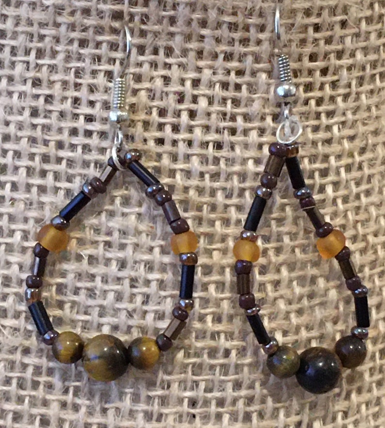 Tiger/'s Eye /& Glass Beaded Necklace and Hoop Earring Set Earth Tone Natural Stone Jewelry Set Gift Idea Graduated Tiger/'s Eye Jewelry Set