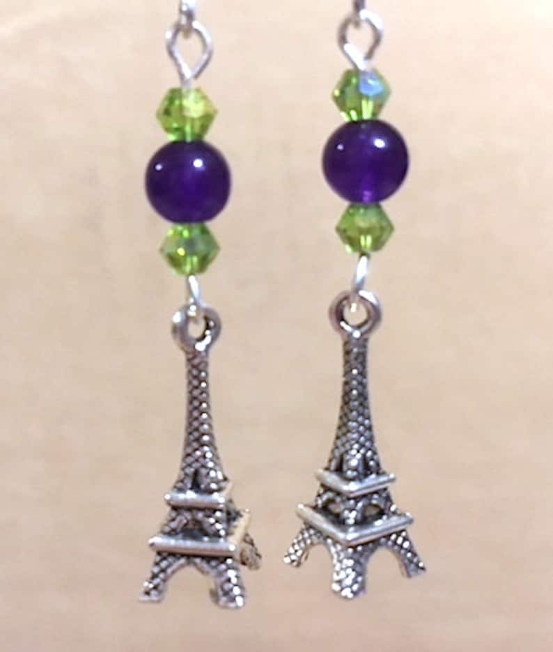 Handmade Beaded Jewelry Crystal Charm Earrings Paris Eiffel Tower Earrings Purple Bead /& Peridot Crystal 3D Eiffel Tower Charm Earring