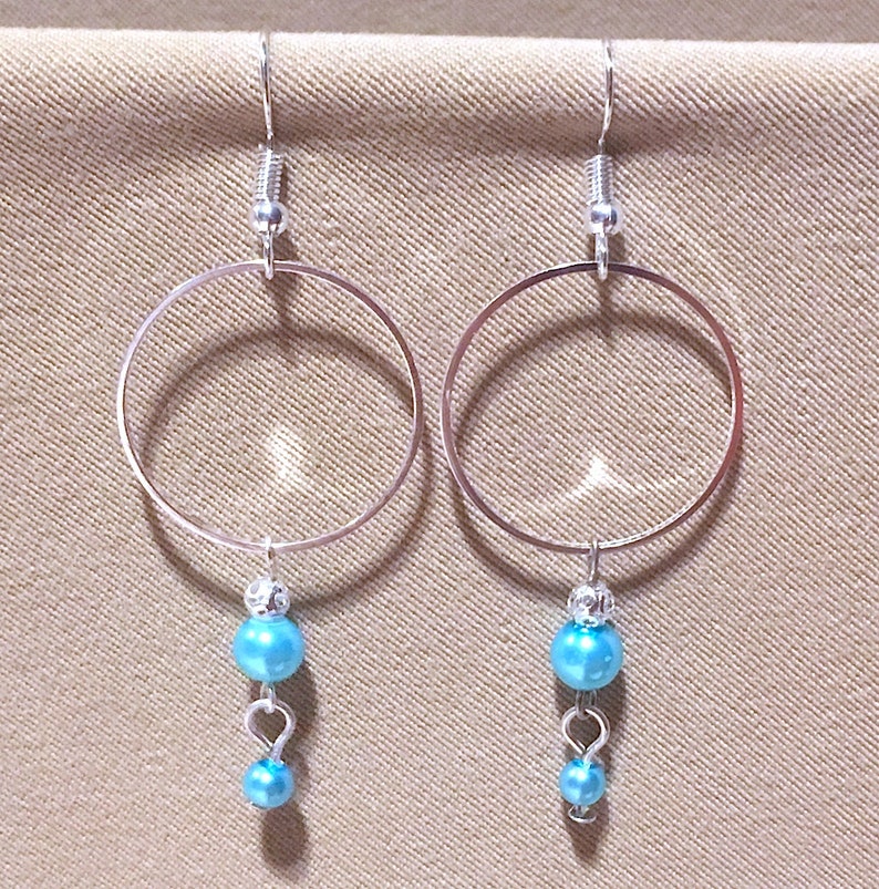 Bright Beaded Thin Silver Hoops Silver Hoop Earrings Silver Hoops wPearl Dangles Thin Medium Silver Hoops wColorful Glass Pearl Dangles