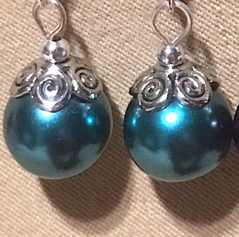 Large Glass Pearl Wedding Earrings wSilver Swirl Accents Handmade Original Colored Pearl Bridesmaid Earring Pearl /& Silver Accent Earrings