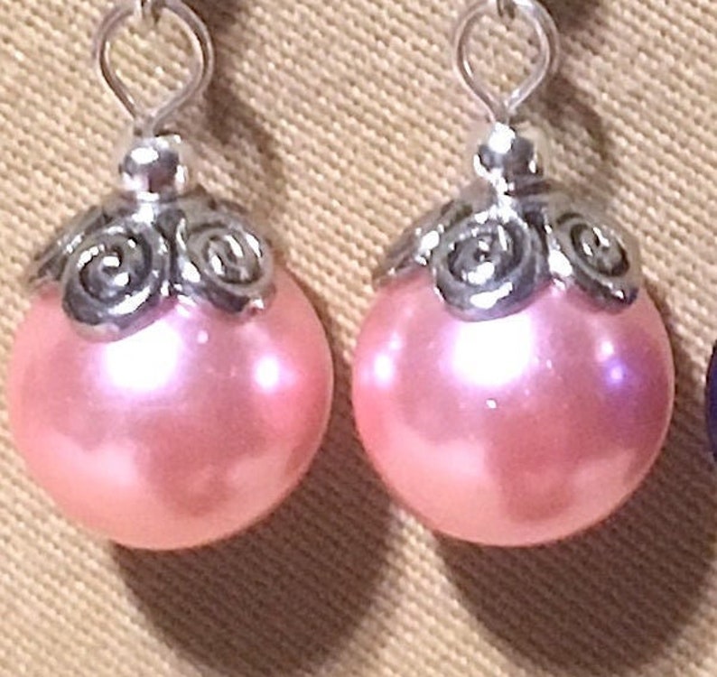 Large Glass Pearl Wedding Earrings wSilver Swirl Accents Handmade Original Colored Pearl Bridesmaid Earring Pearl /& Silver Accent Earrings