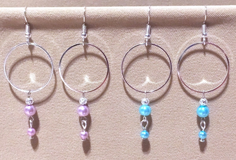 Bright Beaded Thin Silver Hoops Silver Hoop Earrings Silver Hoops wPearl Dangles Thin Medium Silver Hoops wColorful Glass Pearl Dangles