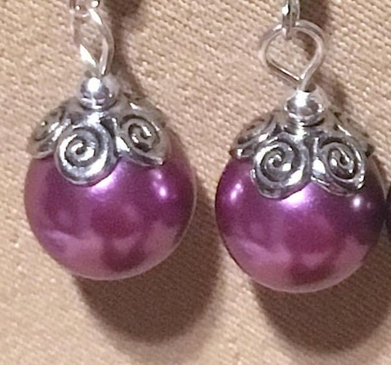 Large Glass Pearl Wedding Earrings wSilver Swirl Accents Handmade Original Colored Pearl Bridesmaid Earring Pearl /& Silver Accent Earrings