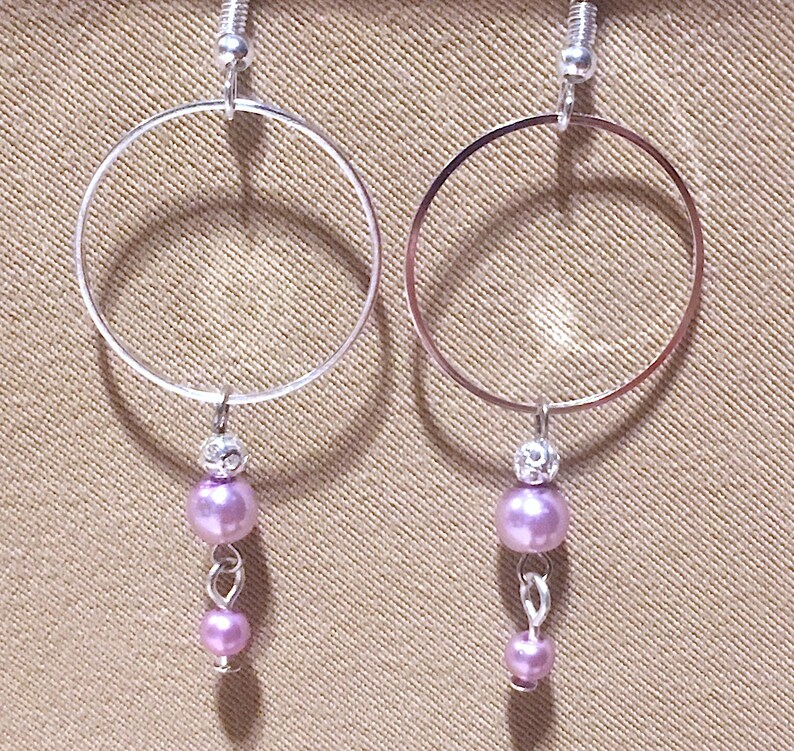 Bright Beaded Thin Silver Hoops Silver Hoop Earrings Silver Hoops wPearl Dangles Thin Medium Silver Hoops wColorful Glass Pearl Dangles