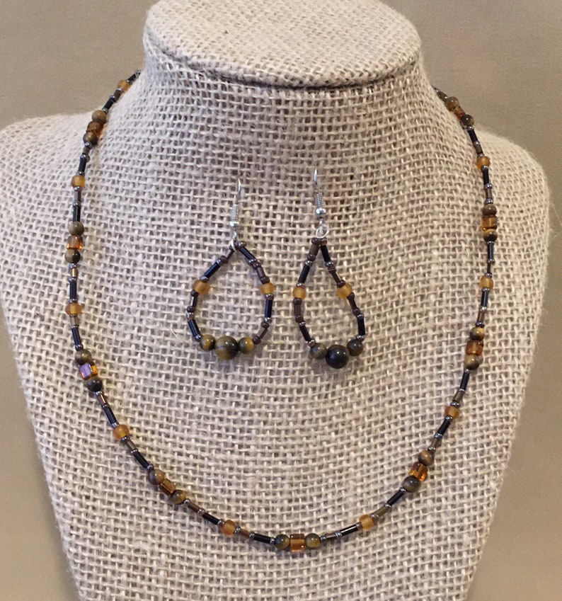 Tiger/'s Eye /& Glass Beaded Necklace and Hoop Earring Set Earth Tone Natural Stone Jewelry Set Gift Idea Graduated Tiger/'s Eye Jewelry Set