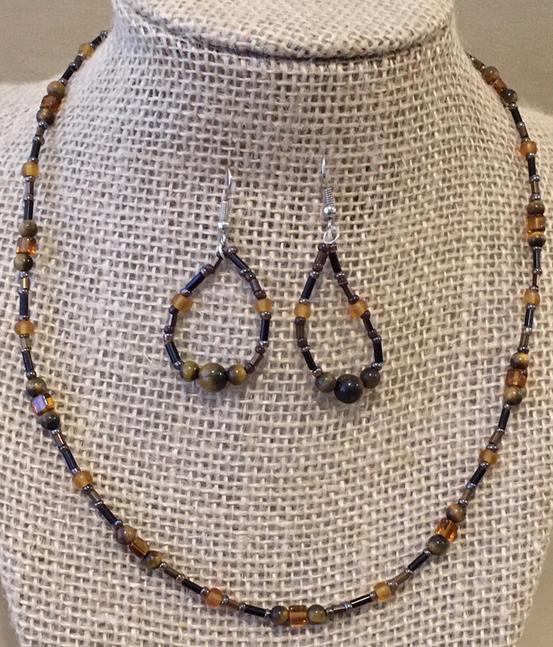 Tiger/'s Eye /& Glass Beaded Necklace and Hoop Earring Set Earth Tone Natural Stone Jewelry Set Gift Idea Graduated Tiger/'s Eye Jewelry Set