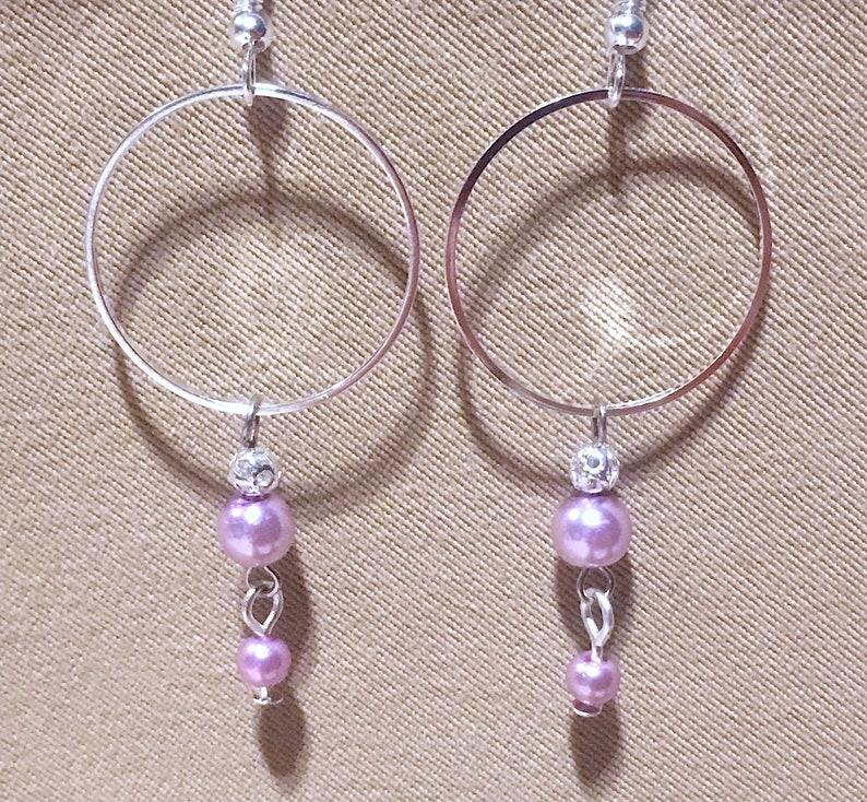 Bright Beaded Thin Silver Hoops Silver Hoop Earrings Silver Hoops wPearl Dangles Thin Medium Silver Hoops wColorful Glass Pearl Dangles