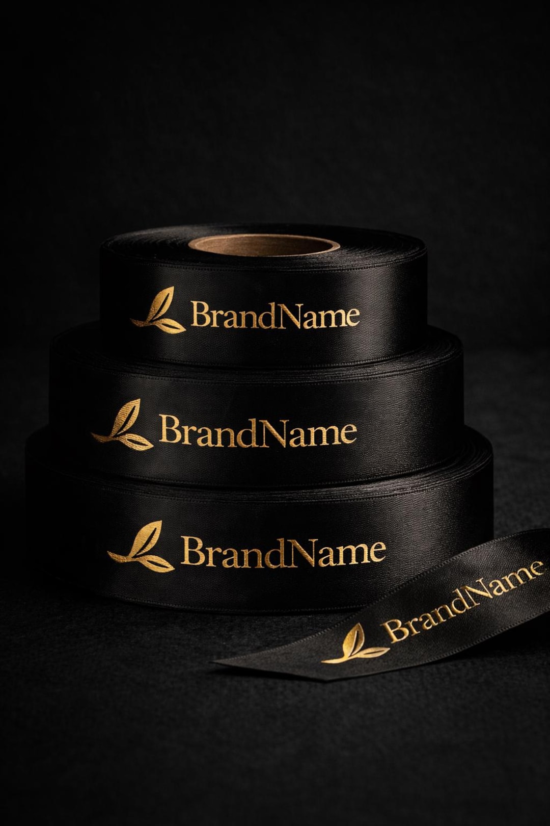 Luxury Black Satin Ribbon With Gold Logo | Custom Metallic Printed ...