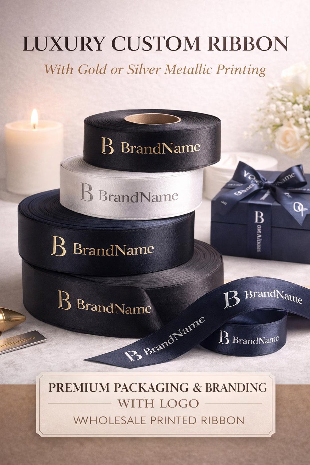 Luxury Custom Satin Ribbon With Metallic Logo | Premium Branding Ribbon ...