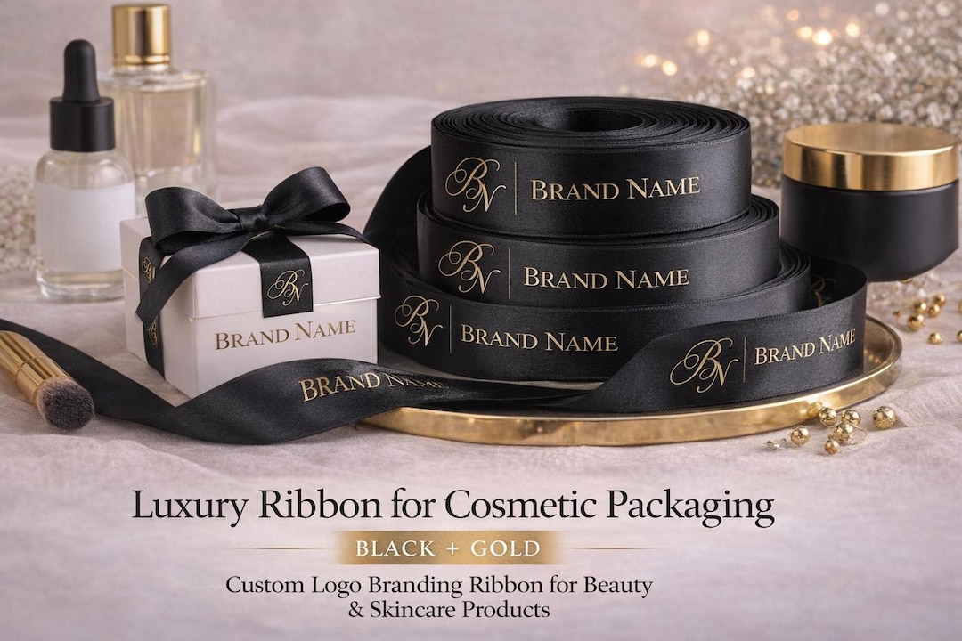 Black Satin Ribbon With Gold Logo | Custom Metallic Printed Ribbon for ...