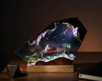 Fantasy Vulkan Resin Lampa – LED Nattlampa med Dinosauriefigur, Doomsday Fierce Dino Epoxy Dekor