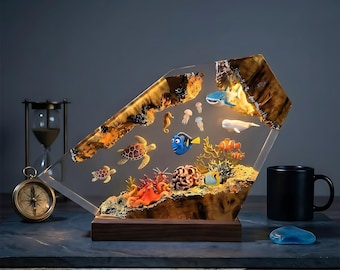Lámpara de resina con forma de pez payaso y cirujano azul, luz nocturna con diorama de tortuga marina, decoración inspirada en películas para amantes de la vida marina.