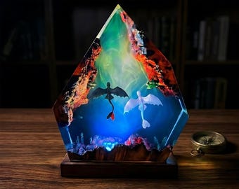 Lámpara de resina con diseño de pareja de dragones y escena de luna encantada, decoración fantástica en blanco y negro, regalo perfecto para los amantes del cine.