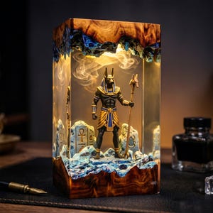 May include: A rectangular resin and wood lamp featuring an illuminated interior with a miniature Anubis figure holding a staff. The scene includes stone-like carvings with ankh and scarab symbols, set against a warm glowing light effect.