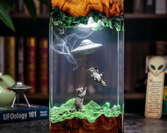 Funny Raccoon UFO Resin Art Lamp, Retro Alien Abduction Night Light, Handmade Decor Gift for Wildlife and Space Lovers