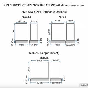 May include: A technical diagram titled RESIN PRODUCT SIZE SPECIFICATIONS showing dimensions in cm and mm for sizes M, L, and XL. The image displays rectangular outlines with labeled widths and heights, including 6.5 cm, 12 cm, 7.5 cm, 8.5 cm, 10 cm, and 1.5 cm measurements.