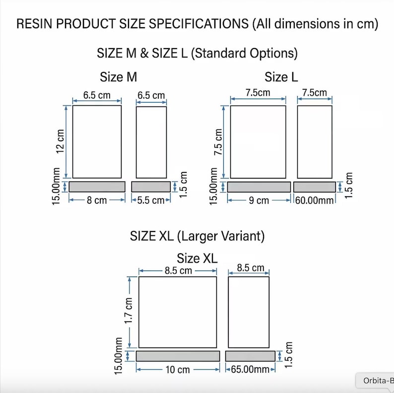 May include: A technical diagram titled RESIN PRODUCT SIZE SPECIFICATIONS showing dimensions in cm and mm for sizes M, L, and XL. The image displays rectangular outlines with labeled widths and heights, including 6.5 cm, 12 cm, 7.5 cm, 8.5 cm, 10 cm, and 1.5 cm measurements.