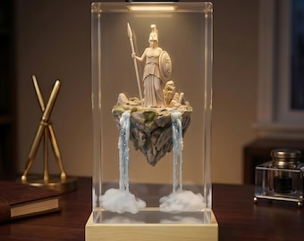 Athena Goddess Resin Lamp with Sacred Owl, Floating Sky Island and Heavenly Waterfall LED Night Light, Greek Mythology Fantasy Decor Gift