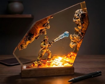 Hero brandweerman harslamp, brandweerbeeldje decor, handgemaakt nachtlampje, cadeau voor moedige helden en vader