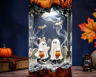 Halloween Mouse Couple Resin Lamp, Ghostly Romance Scene with Pumpkins and Graveyard, Movie Fan Night Light, Perfect Gift for Collectors