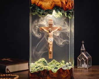 Lámpara de resina con la crucifixión de Jesús, luz nocturna con cruz cristiana, decoración espiritual para el hogar, regalo inspirador de fe.