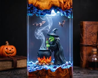 Green Witch Resin Lamp, Brewing a Poison Potion Night Light, Vampire Bats Halloween Decor, Unique Gift for Spooky Season Lovers