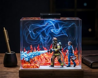 Hero Firefighter and Nurse Resin Lamp, Fire Department LED Night Light, Handmade Epoxy Wood Decor Gift for Healthcare and Rescue Workers