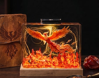 Eldlampa i harts med Phoenix, mytisk helig fågel med LED-nattlampa, dekoration med fantasylåga, present till film- och berättelsefans