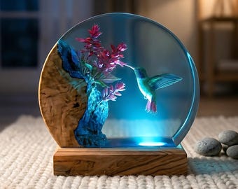 Kolibri Resin Nachtlicht | Handgefertigte Runde mit Holzsockel | Romantisches Naturdekor, Geschenkidee zum Muttertag, Einzigartiges Geschenk