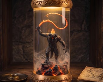 LOTR Ancient Fire Titan Resin Lamp, Winged Infernal Monster and Burning Chasm Diorama, Fantasy Movie Fan Decor