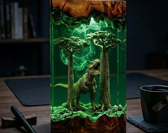 Lámpara jurásica de resina con T-Rex rugiendo y escena de bosque antiguo, luz nocturna de dinosaurio, regalo para amantes de la aventura.