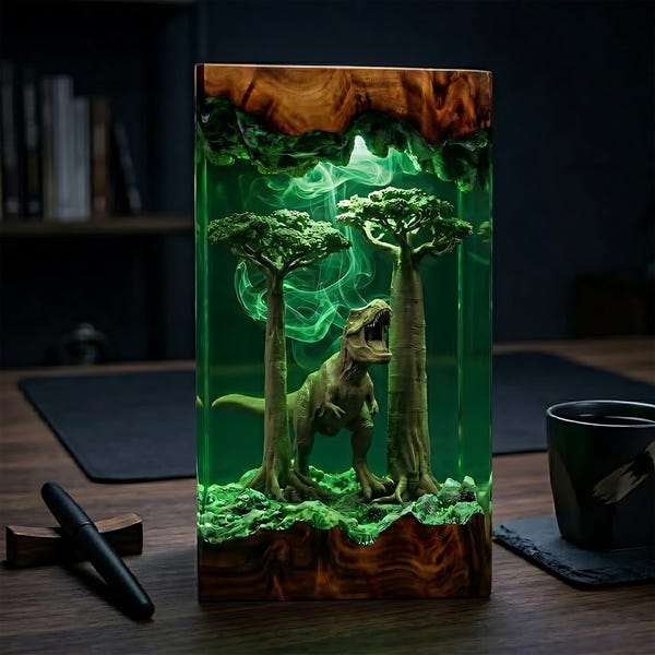 Jurassic Resin Lamp with Roaring T Rex and Ancient Forest Scene, Dinosaur Night Light Gift for Adventure Lovers