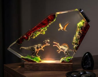 Lámpara de noche de resina con forma de dinosaurio y diorama de pradera, decoración jurásica fantástica, regalo del Día del Padre para amantes de los dinosaurios.