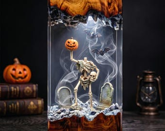 Headless Skeleton Resin Lamp, Black Horse and Pumpkin Night Light, Haunted Graveyard Halloween Decor, Unique Gift for Spooky Season Fans