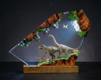 Nattlampa med dinosauriemotiv i trä, dekorationslampa med växtätande dinosaurier, presentidé till honom, present till fars dag