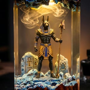 May include: A resin sculpture of the Egyptian deity Anubis, featuring a black jackal-headed figure with gold and blue accents, holding a staff. The figure stands on a textured base with an ankh and scarab carving, surrounded by swirling smoke.