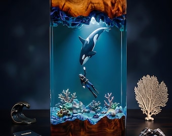 Deep Ocean Resin Lamp, Massive Orca, Chill Diver and Colorful Coral Scene, Handmade Decor for Marine Life Enthusiasts
