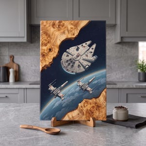 Galactic Falcon Epoxy Board, Rebel Wing Space Ship, Sci Fi Battle Scene, Handmade Walnut Board, Movie Fan Decor, Unique Christmas Gift Idea