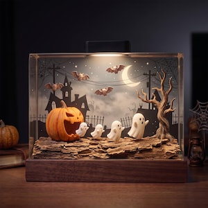 May include: A rectangular light box featuring a Halloween scene with a carved orange pumpkin, four small white ghosts, and a bare tree on a textured base. The background displays a silhouette of a haunted house, bats, and a crescent moon.