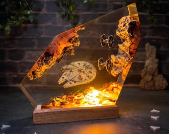 Lámpara de resina con diseño de galaxia espacial y múltiples naves espaciales de fantasía, luz nocturna interestelar, regalo ideal para el Día del Padre y para los amantes del cine.