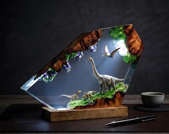 Jurassic Dinosaur Night Light Wood Resin Lamp, Peaceful Herbivore Scene with Flying Dinosaur, Forest Decor Lamp, Gift for Him Fathers Day